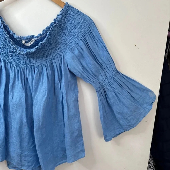 Zara  Blue off the shoulder top 100% Linen size Large - Picture 3 of 5